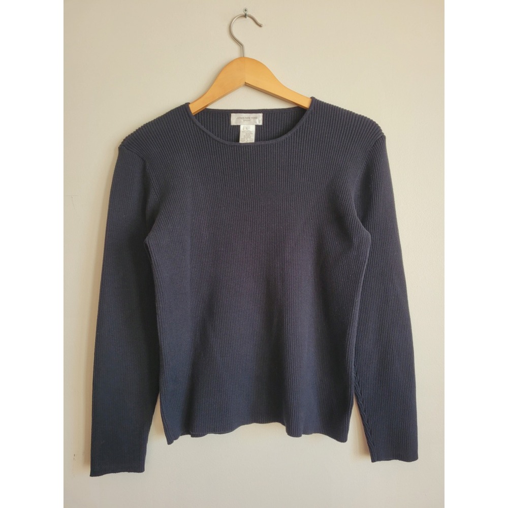 Jones‎ New York Sport Navy Blue Ribbed Cotton Crewneck Sweater Womens Large L